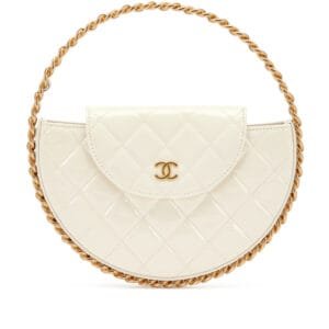 White Quilted Patent Leather Chain Around Hoop Bag Aged Gold Hardware, 2023