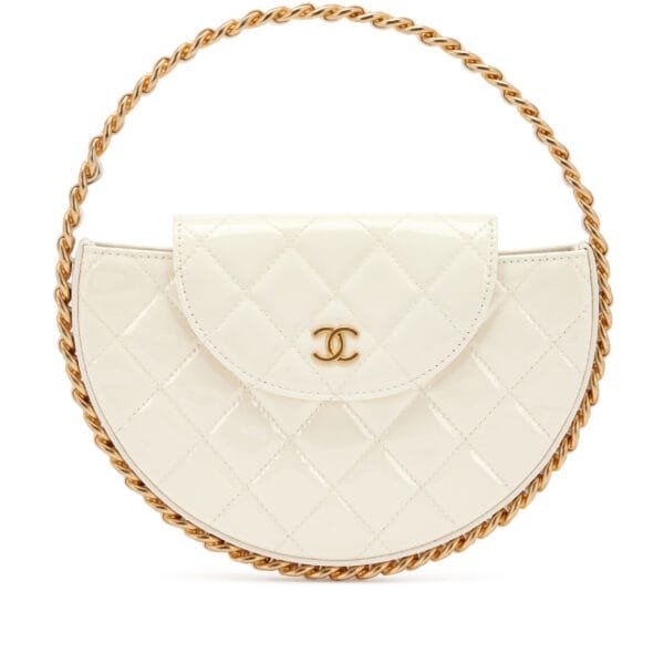 White Quilted Patent Leather Chain Around Hoop Bag Aged Gold Hardware, 2023