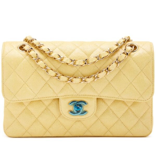 Yellow Iridescent Quilted Caviar Small Classic Double Flap Bag Light Gold Hardware, 2019
