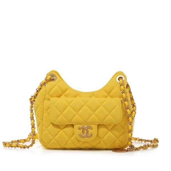 Yellow Quilted Canvas Small Hobo Bag Brushed Gold Hardware