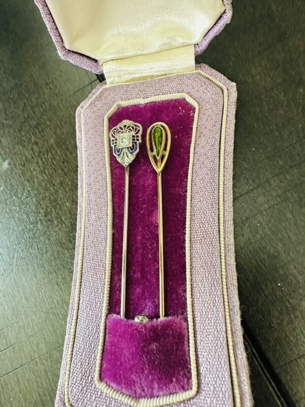 2 Vintage 14K White Gold & Yellow Gold Stick Pins Diamond & Peridot - In Box