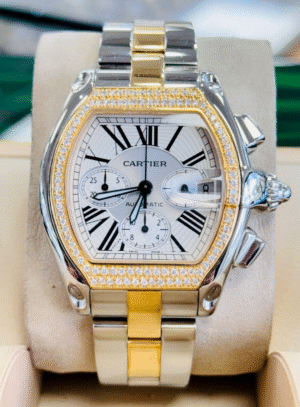 Cartier Roadster Chronograph 18k Yellow Gold SS W62027Z1 Custom Diamond Watch