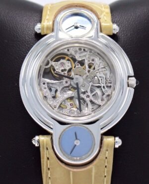 Delaneau Skeleton Watch Triple Time Zones 18k White Gold Very Rare G664 *MINT*