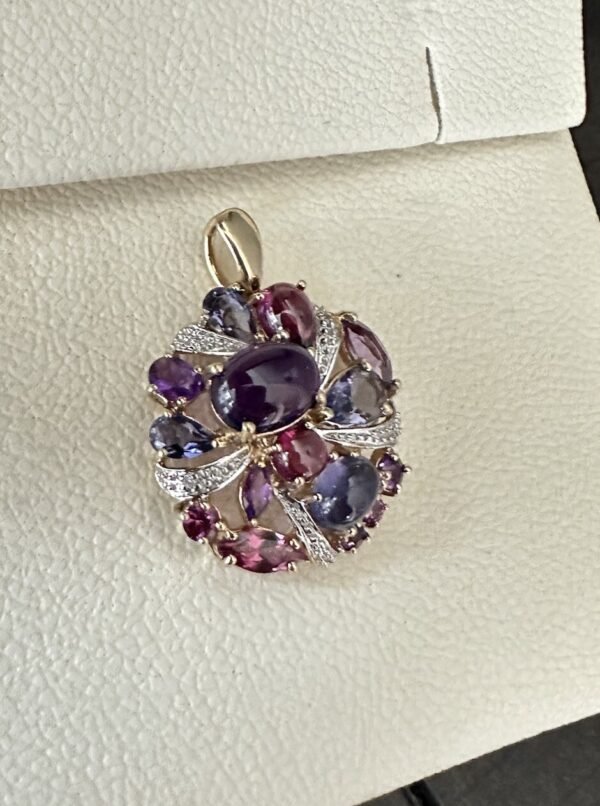 Estate 10k Yellow Gold Pendant Multi Colored Gem Stone & Diamond