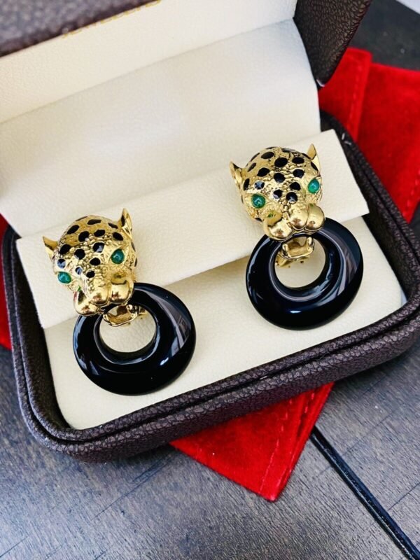 Estate 18k Yellow Gold Panther Earrings With Emeralds & Onyx