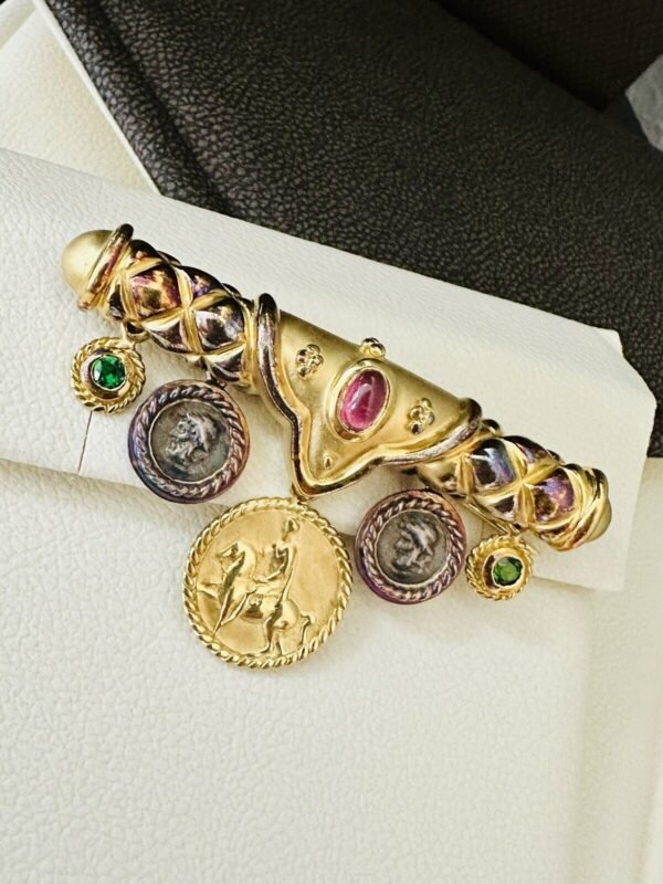 Estate 18k Yellow Gold SeidenGang Brooch Pin With Antique Coins & Gemstones