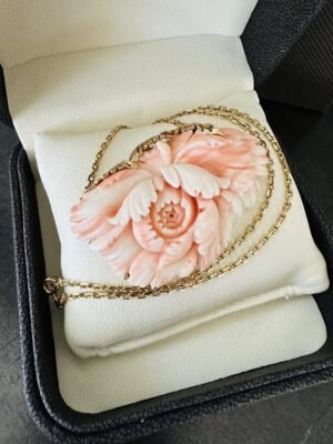 Estate Huge Custom Coral Flower Pendant 14K Yellow Gold Necklace ~ 33.8 Grams