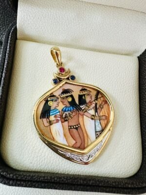 Estate Ladies 18k Yellow Gold & Diamonds Hand Painted Egyptian Revival Pendant