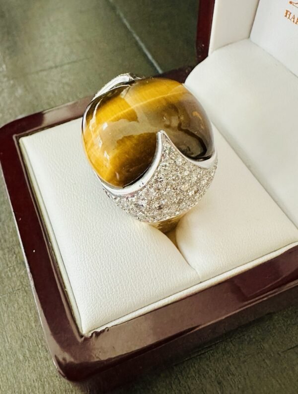 Estate Large 18K Yellow Gold Tiger's Eye Domed Cocktail Diamond Ring