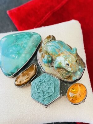 Estate Massive Sterling Turquoise Amber Pendant Brooch By Amy Kahn Russell AKR