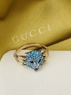 Gucci 18k Yellow Gold Le Marche Des Merveilles Feline Head Topaz Sapphires Ring