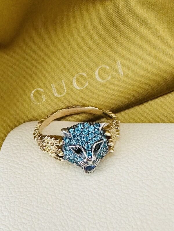 Gucci 18k Yellow Gold Le Marche Des Merveilles Feline Head Topaz Sapphires Ring