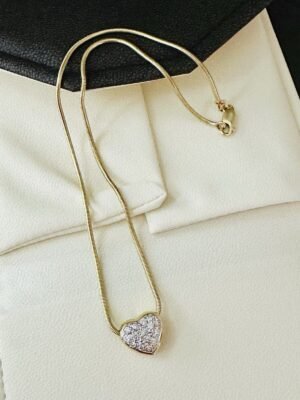Ladies 14k Yellow Gold Full Natural Diamond Heart Pendant and Necklace Chain