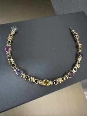 Ladies 14k Yellow Gold Multicolor Semi Precious Gem Set Bracelet Designer Signed