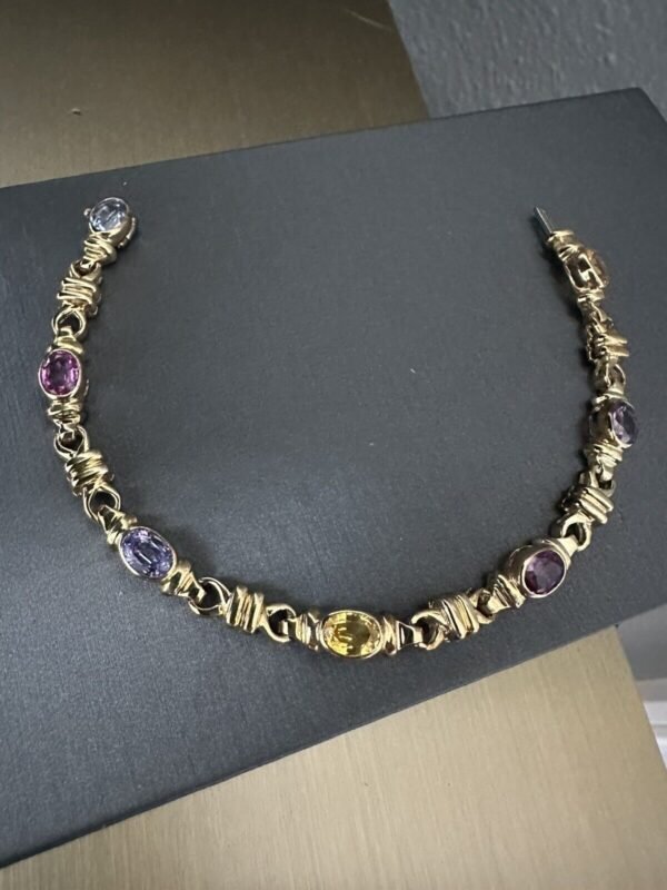 Ladies 14k Yellow Gold Multicolor Semi Precious Gem Set Bracelet Designer Signed