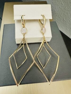 Ladies 18K Yellow Gold & Diamonds Designer Signed Geometric Drop Earrings
