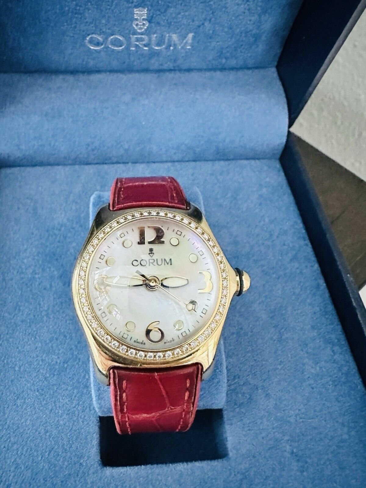 Ladies Corum Bubble 18k Yellow Gold 36mm Factory MOP Dial Diamond Bezel In Box