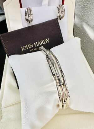 Ladies Sterling Silver John Hardy Bamboo Diamond Bracelet & Diamond Earrings