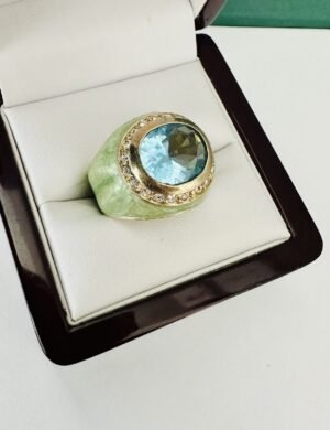 Ladies Vintage SETA Sterling 925 & Gold Enamel Blue Topaz Gemstone Ring ~ Size 8