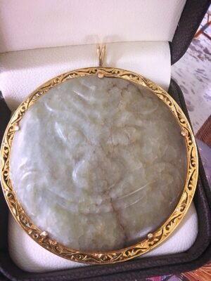 Massive 2.5 Inch Antique Jade Button With 14k Gold Frame Pendant ~ 62.5 Grams