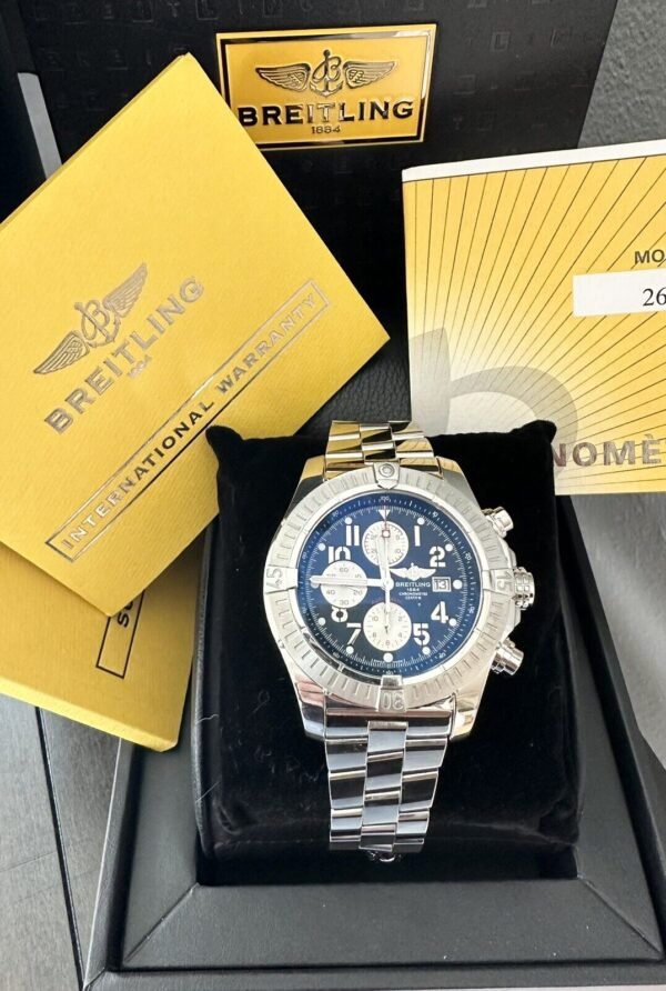 Men’s SS Breitling Super Avenger II 48mm Chrono Watch Blue Dial~ Box & Papers