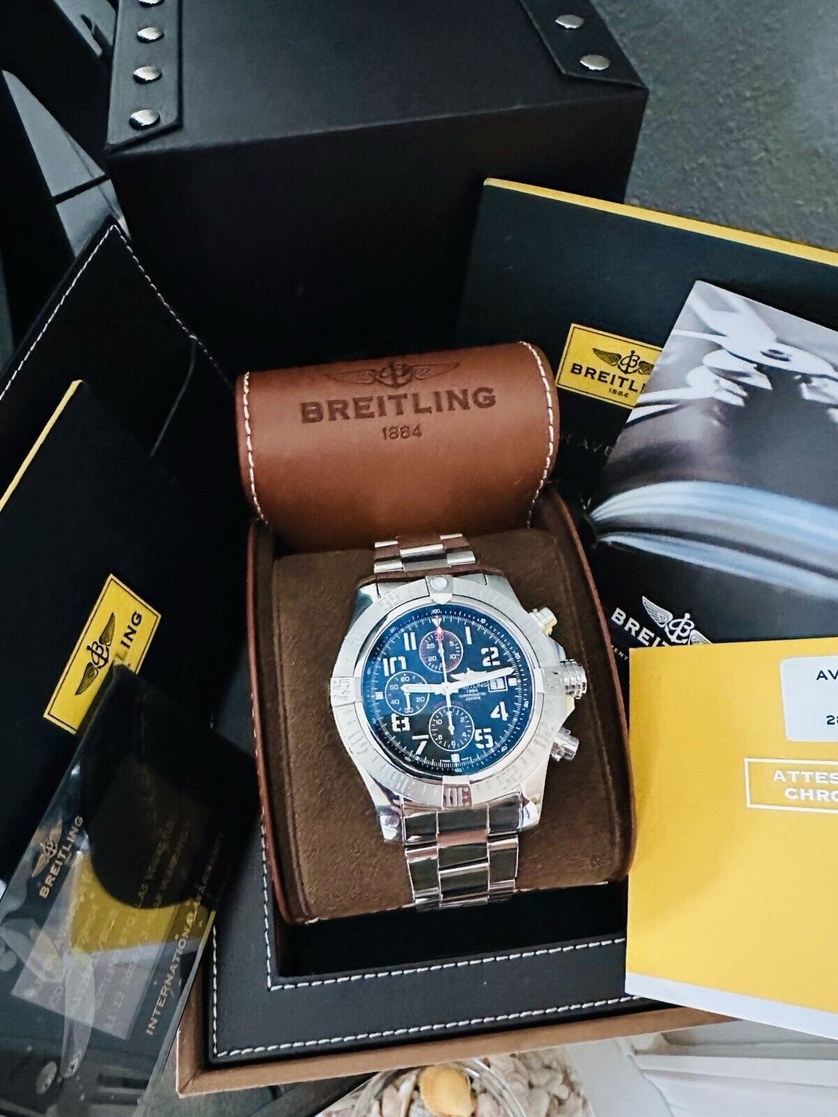 Mint Men’s Breitling Super Avenger II 48mm Chrono Watch Black Dial~ Box & Papers