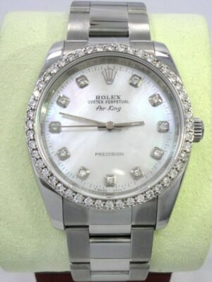 Rolex Air-King 114200 1.35CT Diamonds Bezel MOP Dial Oyster Steel Watch Mint