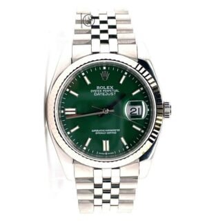 Rolex Datejust 116234 18K White Gold Bezel Green Dial Jubilee Steel Watch *MINT*