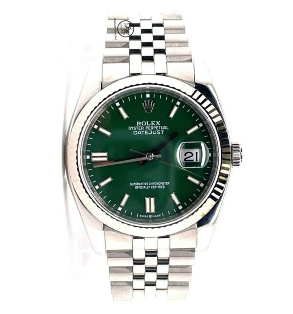 Rolex Datejust 116234 18K White Gold Bezel Green Dial Jubilee Steel Watch *MINT*