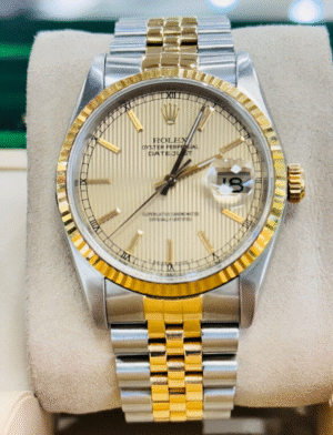 Rolex Datejust 16233 18k Gold Steel Jubilee Band Champagne Tapestry Dial PAPERS