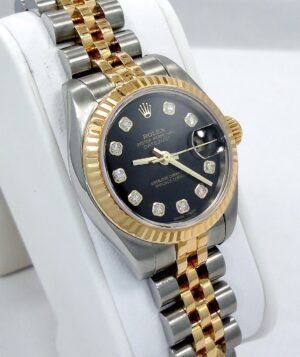 Rolex Datejust 179173 Black Fact Diamonds Dial 18K Y G/SS Jubilee Watch SERVICED
