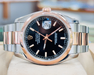 Rolex Datejust 36 116201 18K Rose Gold Black Dial w 'Roulette' Date Wheel Watch