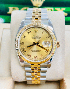 Rolex Datejust 36 116233 Champagne Roman Dial Fluted Bezel Jubilee Band Watch