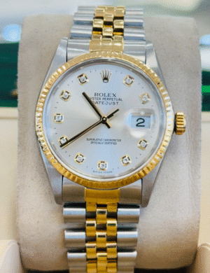 Rolex Datejust 36mm 16013 18k Yellow SS Custom Silver Diamond Dial SERVICE PAPER