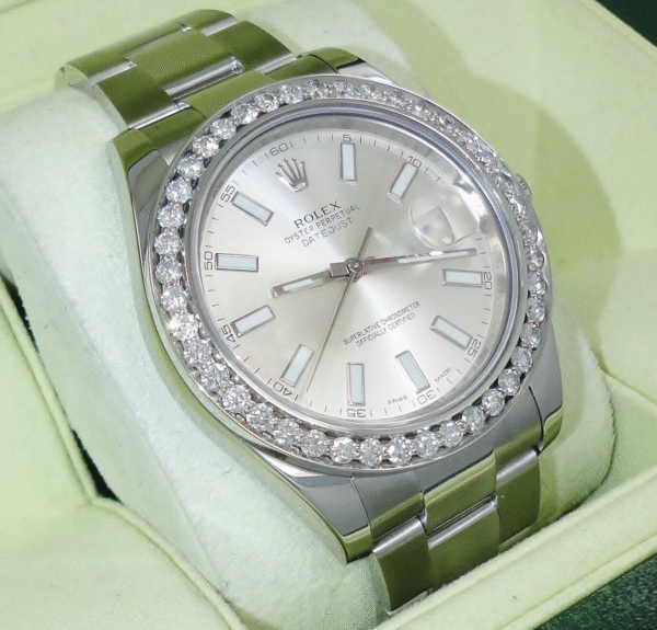 ROLEX Datejust II 116300 2.35CT Diamonds Bezel Silver Dial Steel Watch