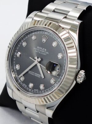 Rolex Datejust II 116334 41mm Diamond Dial 18K White Gold Fluted Bezel Mint