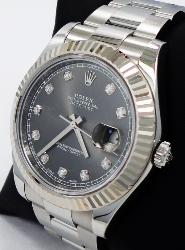 Rolex Datejust II 116334 41mm Diamond Dial 18K White Gold Fluted Bezel Mint