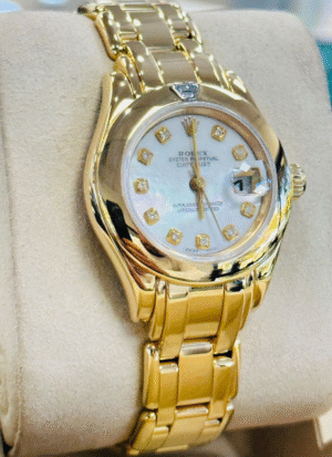 Rolex Datejust Pearlmaster 18K Y GOLD 69328 MOP Diamond Dial Factory Trape Bezel