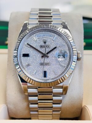 Rolex Day-Date 228239 White Gold President Factory Pave Diamonds Sapphires Dial