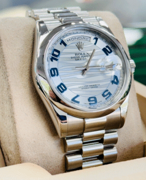 Rolex Day-Date 36 118206 Day Date Platinum with Ice Blue Wave Arabic Dial