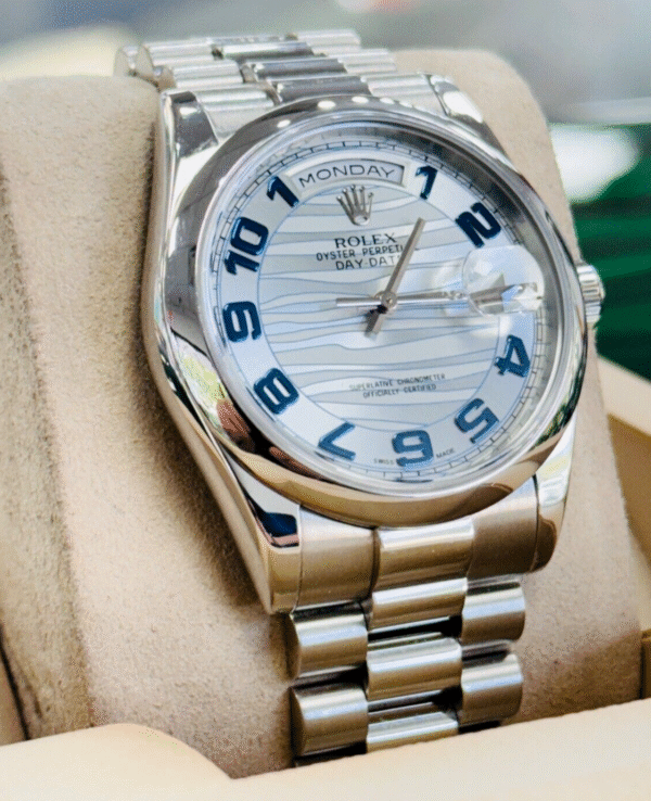 Rolex Day-Date 36 118206 Day Date Platinum with Ice Blue Wave Arabic Dial