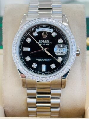 Rolex Day-Date 36 118239 Custom Black Diamond Round & Baguette Dial & Bezel MINT