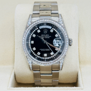 Rolex Day-Date 36 18209 Custom Diamonds Lugs and Dial 18k White Gold Watch MINT