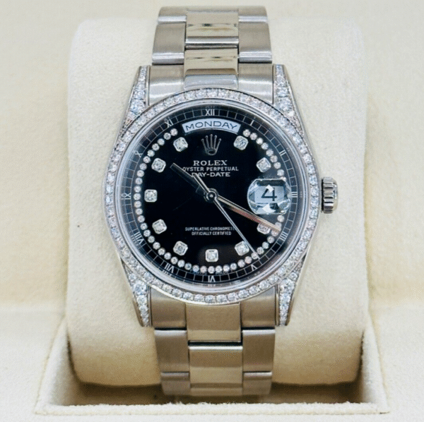 Rolex Day-Date 36 18209 Custom Diamonds Lugs and Dial 18k White Gold Watch MINT