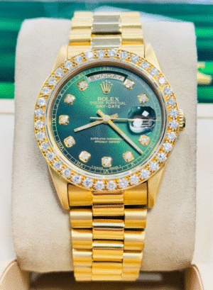 Rolex Day-Date 36 18238 Custom Diamond Bezel and Green Diamond Dial Watch MINT