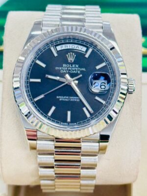 Rolex Day-Date 40 228239 18k White Gold Fluted Bezel Black Index Dial BOX/PAPERS