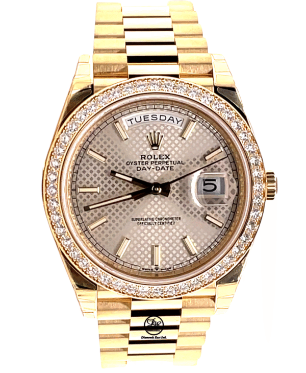 Rolex Day-Date 40mm 228348 RBR Factory Diamond Bezel Silver Motif Dial Watch NEW