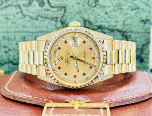 Rolex Day-Date President 36 18018 Pyramid Bezel Factory Diamond Ruby's Dial RARE
