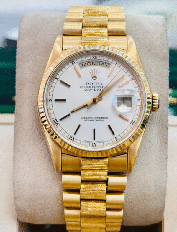 Rolex Day-Date President 36mm 18248 Yellow Gold Silver Dial Factory Bark Finish