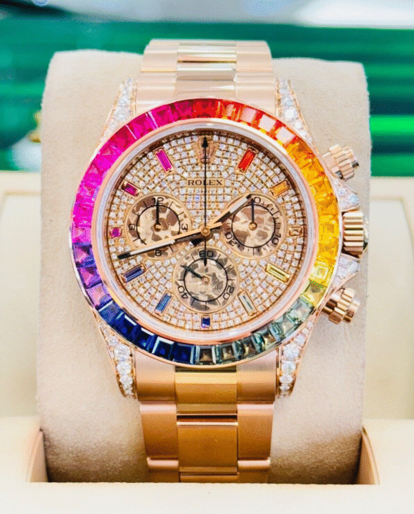Rolex Daytona 116505 Rainbow Diamonds and Sapphires 18K Rose Gold Watch MINT